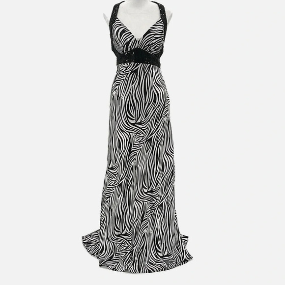 Jessica McClintock for Gunne Sax Zebra Print & Sequins Formal Maxi Dress - 9 Jrs - Picture 1 of 8